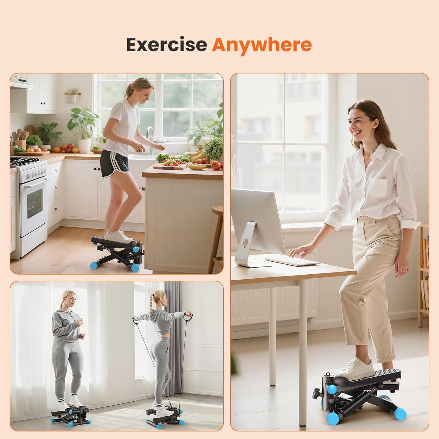 Mini Stair Stepper with Resistance Bands, Hydraulic Home Stepper Machine, 300 LBS Weight Capacity, Compact Cardio Equipment with LCD Monitor, No Assembly Required