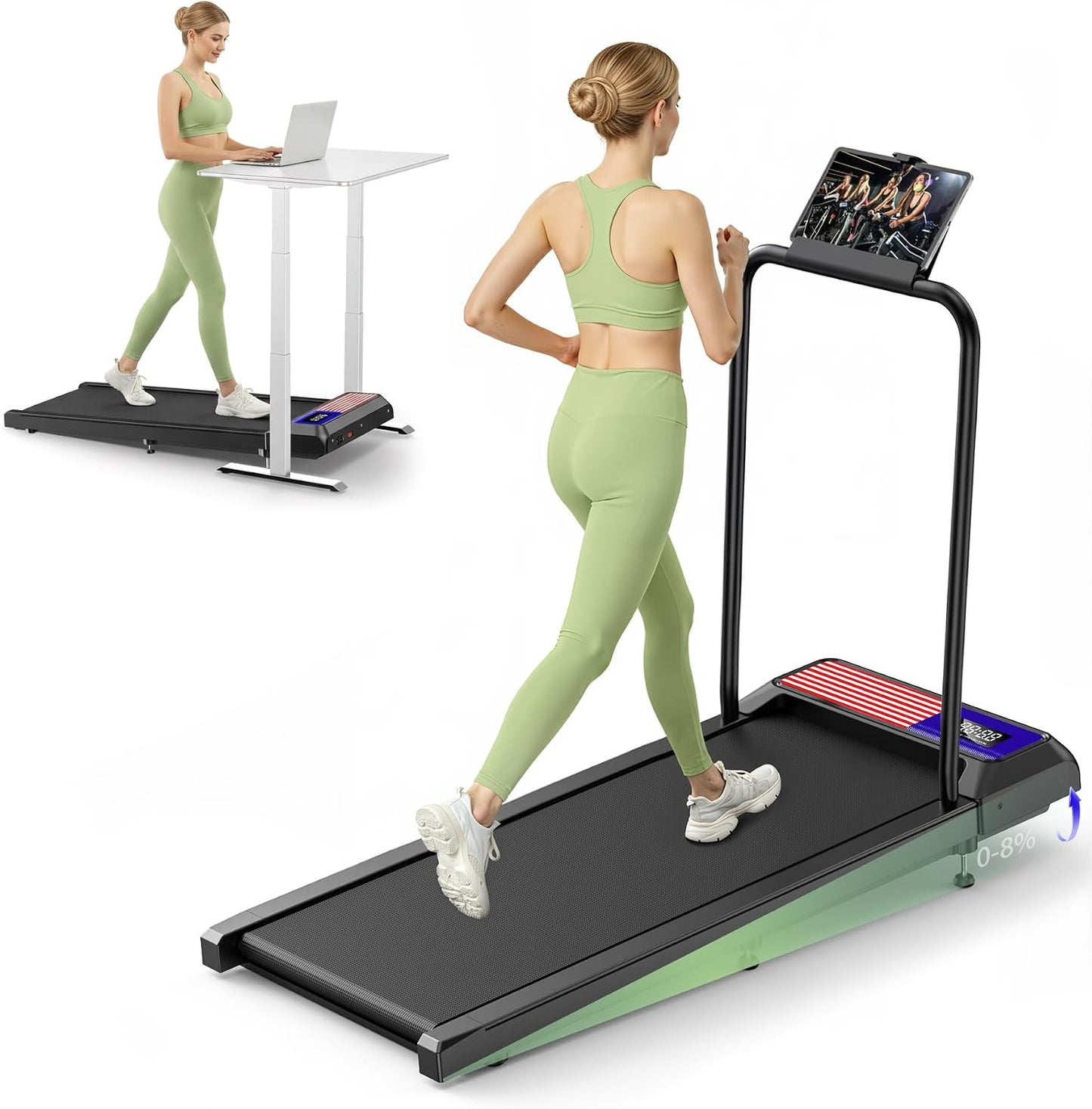 Walking Treadmill Pad with Adjustable 8% Incline and Handle Bar for Home | Portable under Desk Walking Treadmill Pad with 2.5 HP Motor, LED Display & APP, 265 Lbs Weight Capacity for Office