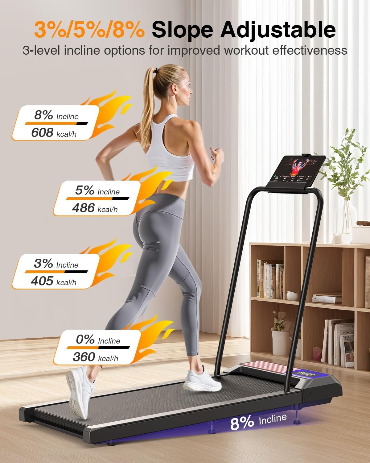 Walking Treadmill Pad with Adjustable 8% Incline and Handle Bar for Home | Portable under Desk Walking Treadmill Pad with 2.5 HP Motor, LED Display & APP, 265 Lbs Weight Capacity for Office