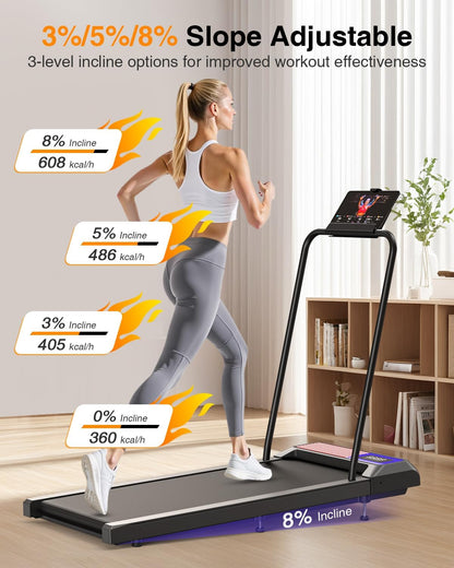 Walking Treadmill Pad with Adjustable 8% Incline and Handle Bar for Home | Portable under Desk Walking Treadmill Pad with 2.5 HP Motor, LED Display & APP, 265 Lbs Weight Capacity for Office