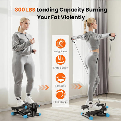 Mini Stair Stepper with Resistance Bands, Hydraulic Home Stepper Machine, 300 LBS Weight Capacity, Compact Cardio Equipment with LCD Monitor, No Assembly Required