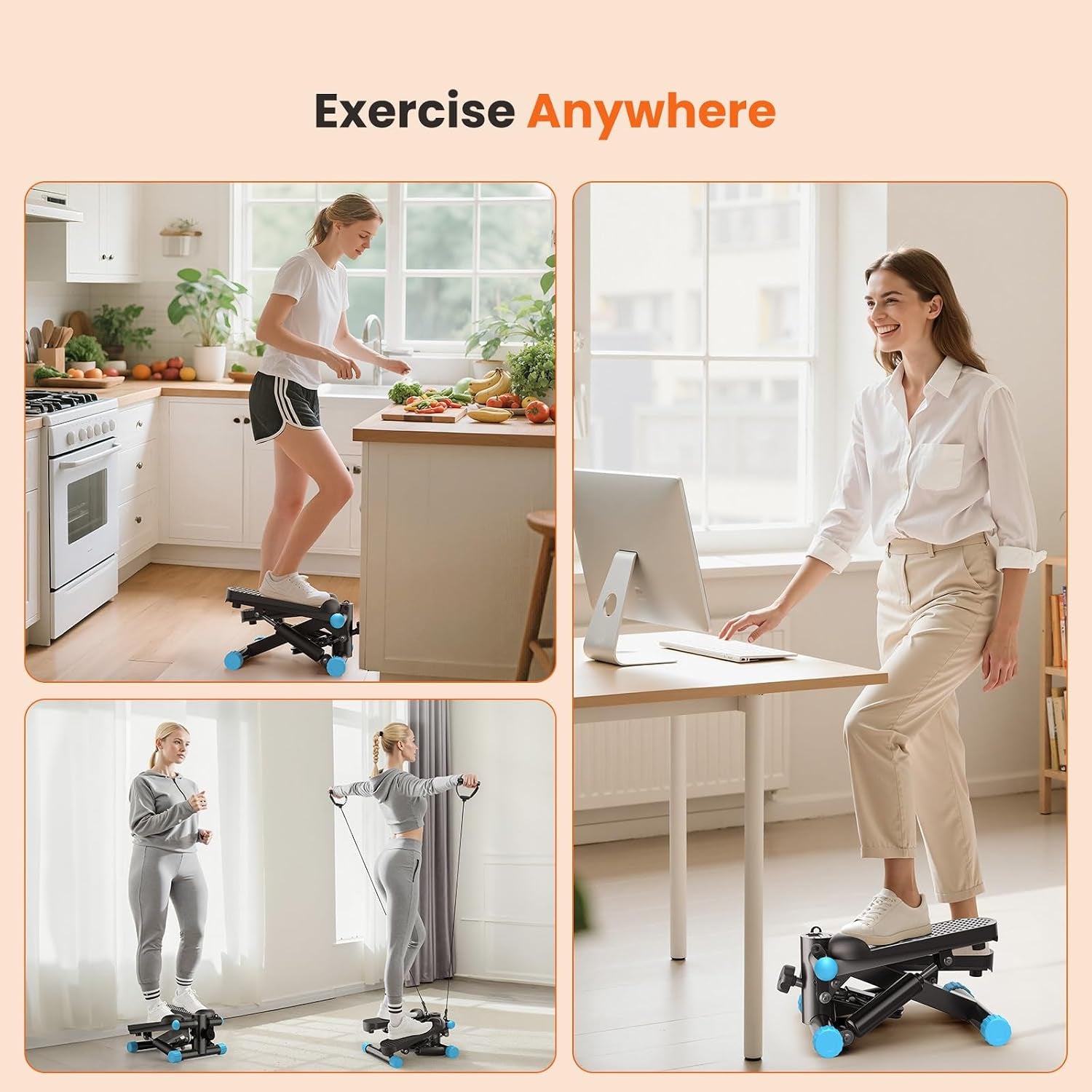Mini Stair Stepper with Resistance Bands, Hydraulic Home Stepper Machine, 300 LBS Weight Capacity, Compact Cardio Equipment with LCD Monitor, No Assembly Required
