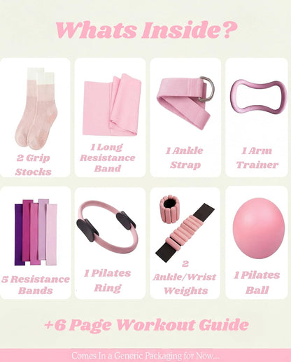 Pilates Kit for Women with Weights, 16 Piece at Home Pilates Workout Equipment Set, Ring and Ball, Bangles, Resistance Bands, Grip Socks, Essentials & Accessories for Beginners