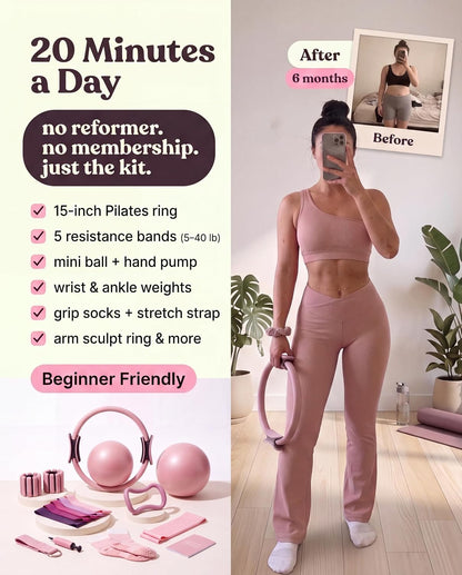 Pilates Kit for Women with Weights, 16 Piece at Home Pilates Workout Equipment Set, Ring and Ball, Bangles, Resistance Bands, Grip Socks, Essentials & Accessories for Beginners