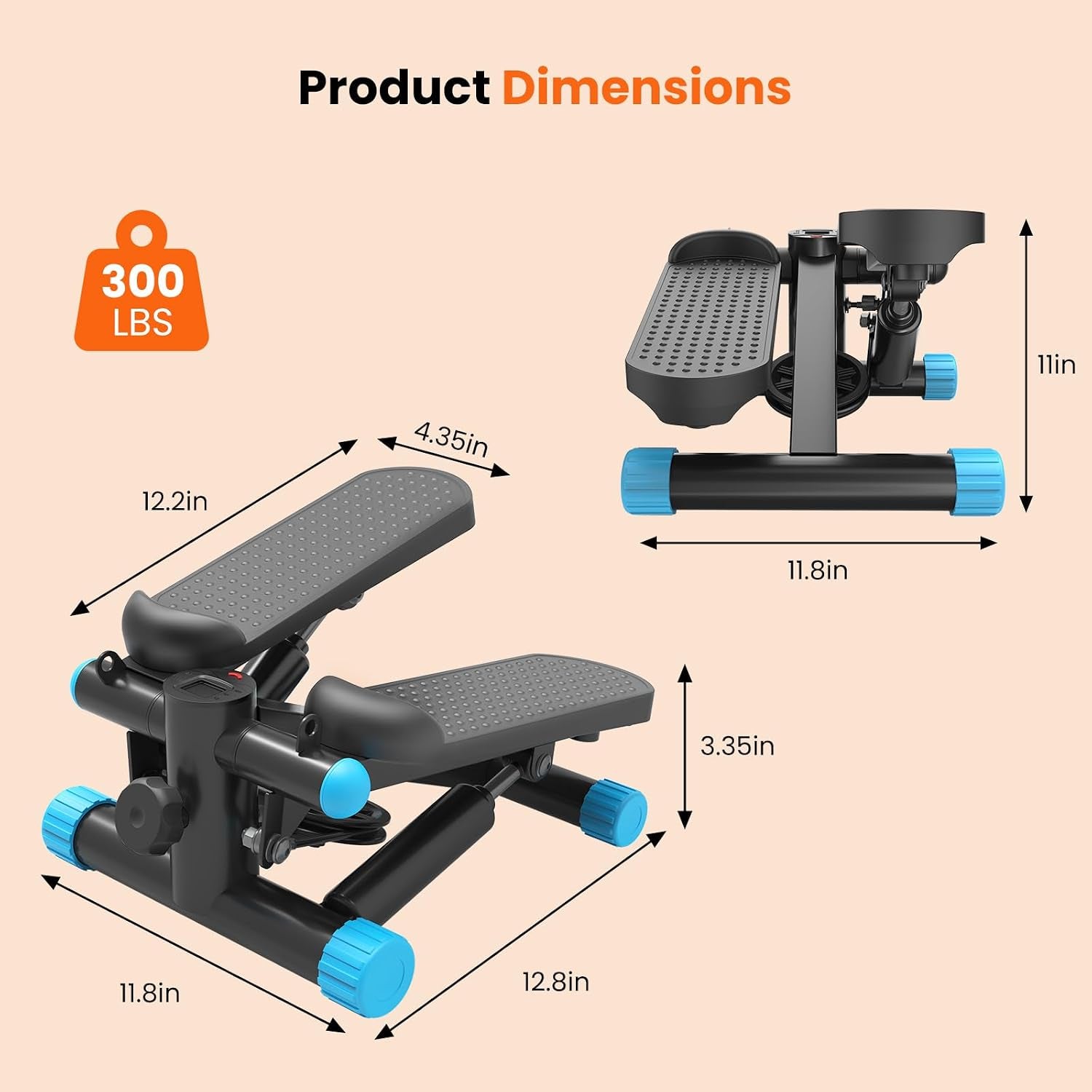Mini Stair Stepper with Resistance Bands, Hydraulic Home Stepper Machine, 300 LBS Weight Capacity, Compact Cardio Equipment with LCD Monitor, No Assembly Required