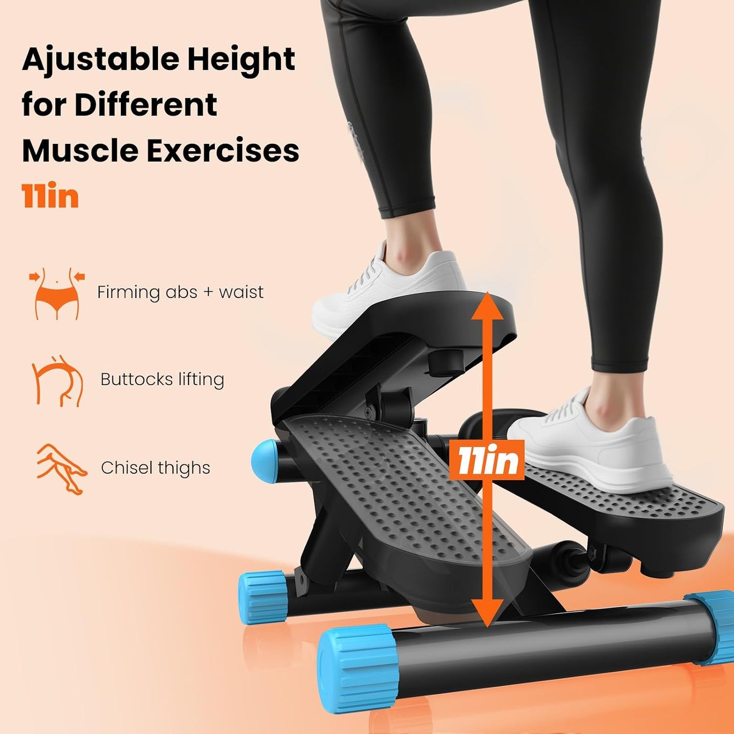 Mini Stair Stepper with Resistance Bands, Hydraulic Home Stepper Machine, 300 LBS Weight Capacity, Compact Cardio Equipment with LCD Monitor, No Assembly Required