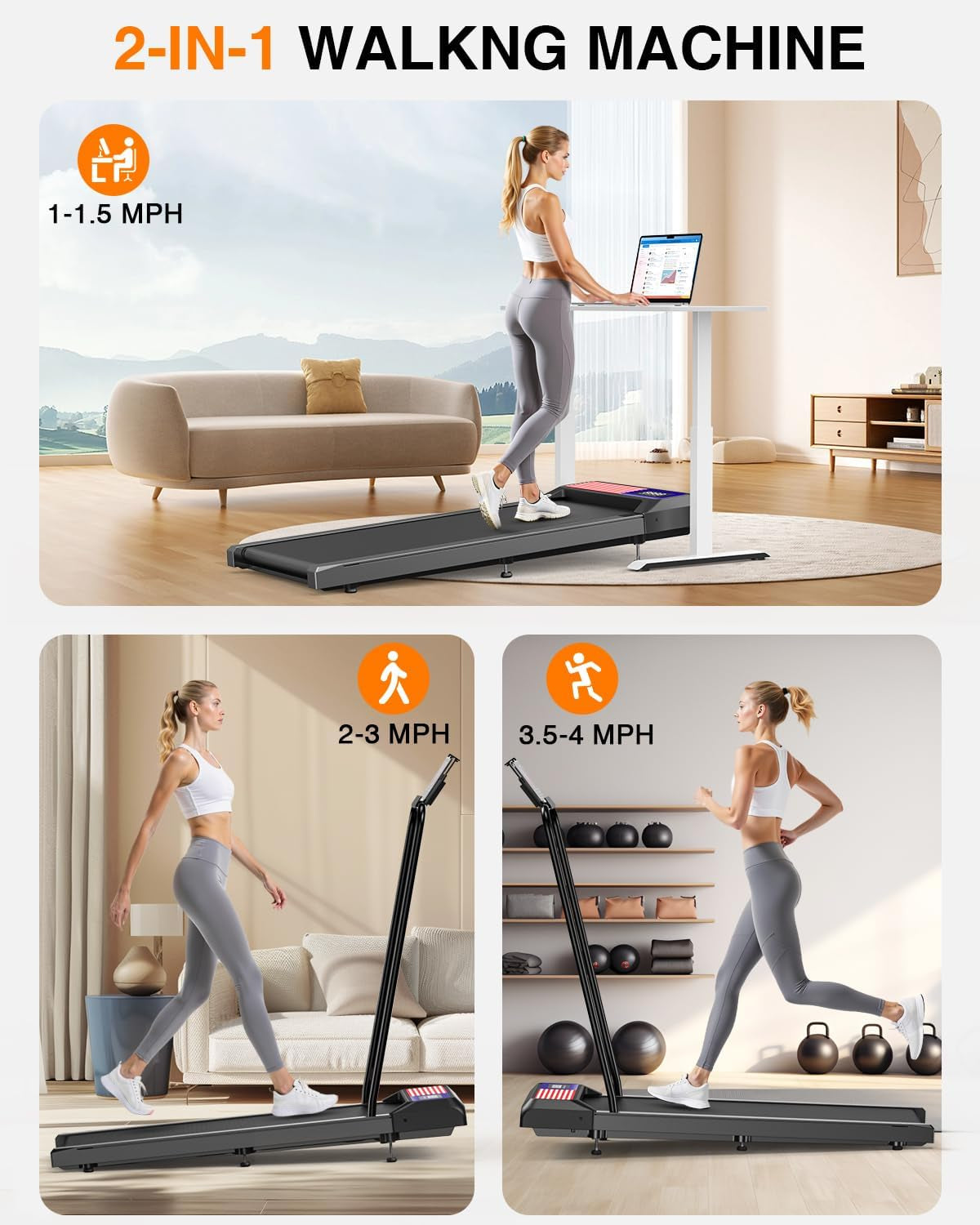Walking Treadmill Pad with Adjustable 8% Incline and Handle Bar for Home | Portable under Desk Walking Treadmill Pad with 2.5 HP Motor, LED Display & APP, 265 Lbs Weight Capacity for Office