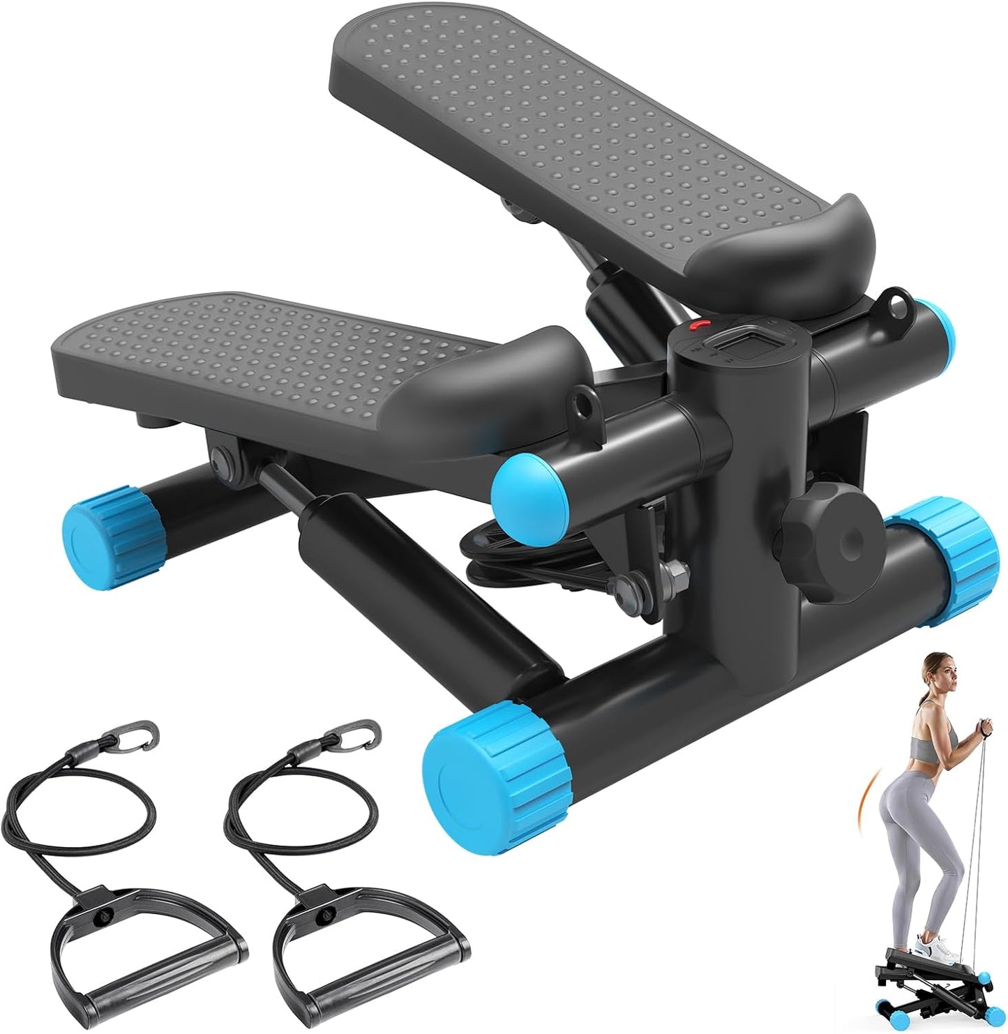 Mini Stair Stepper with Resistance Bands, Hydraulic Home Stepper Machine, 300 LBS Weight Capacity, Compact Cardio Equipment with LCD Monitor, No Assembly Required